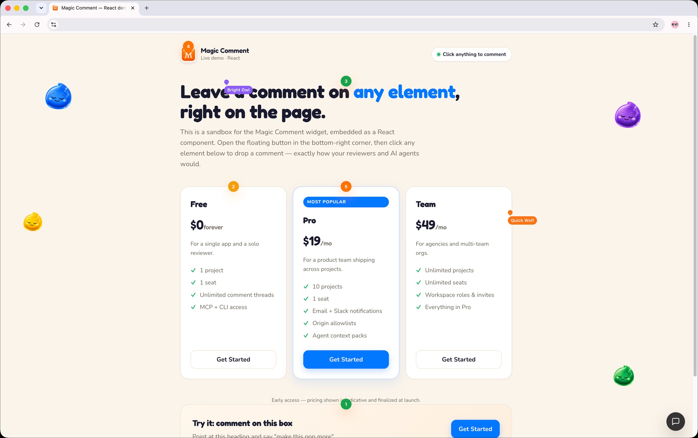 The Magic Comment widget live on a page. Numbered pins mark feedback on specific elements and carry the DOM context an agent needs