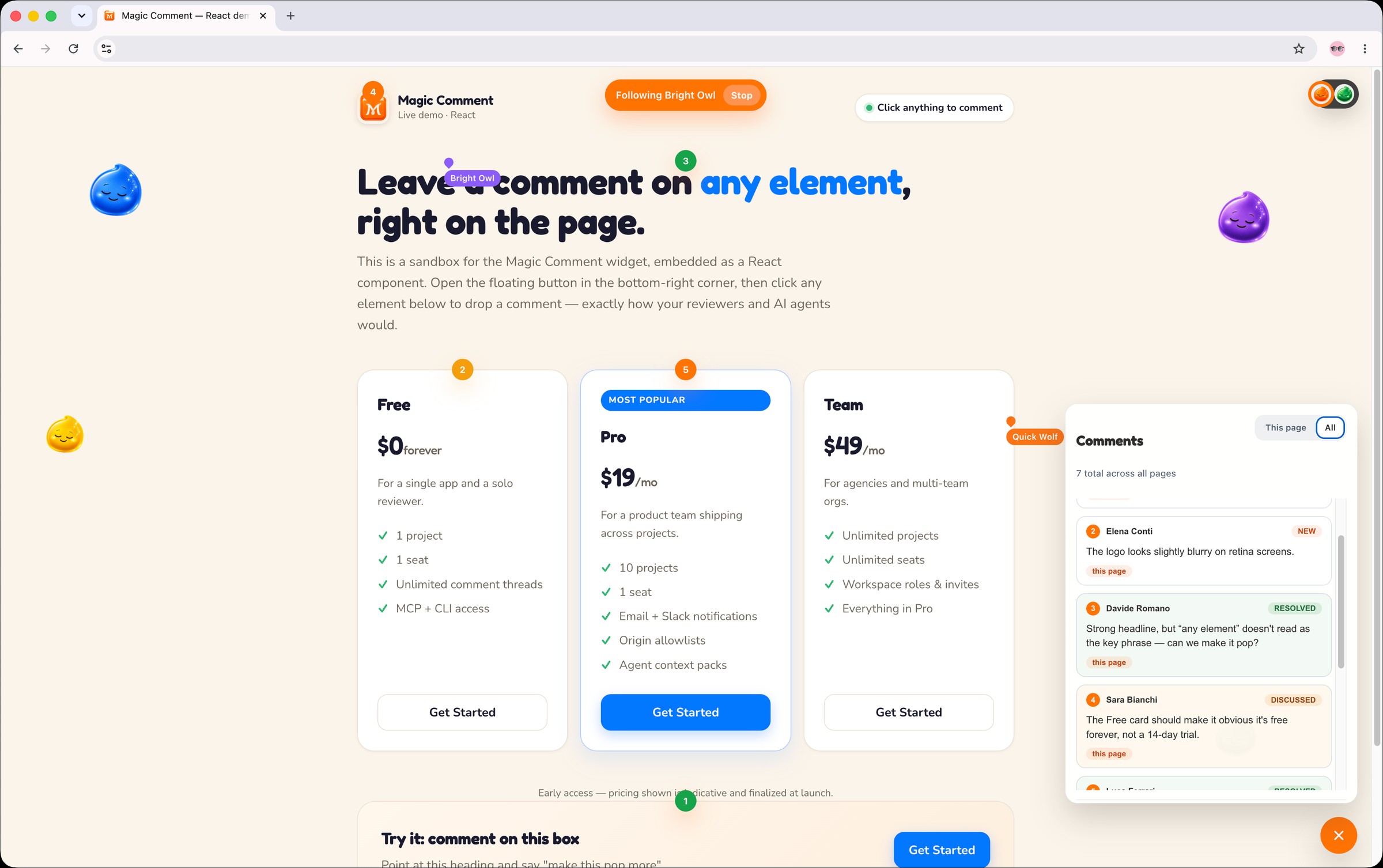 Every comment thread across the app in one list, with comments tagged new, discussed, and resolved across all pages